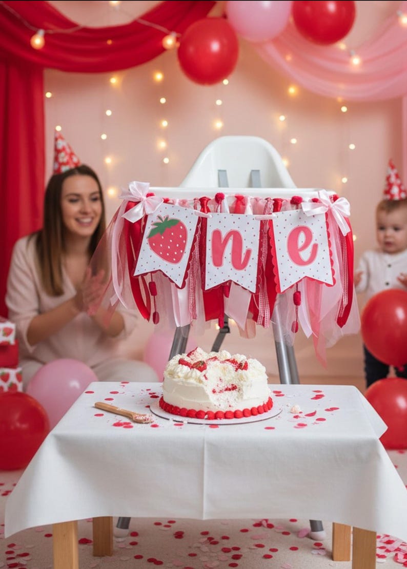 May include: A high chair decorated with a white banner featuring a red strawberry and the text "one" in pink letters, accented with red and pink fabric ribbons and bows. A white frosted cake with red strawberry pieces sits on a white table.