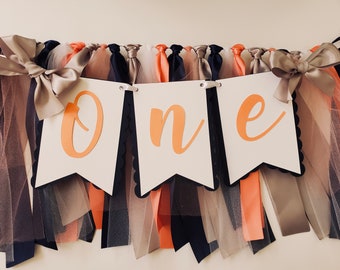 Navy and Coral High Chair Banner. ONE banner.  First Birthday Garland. Coral Party decorations. Tulle and Ribbon.
