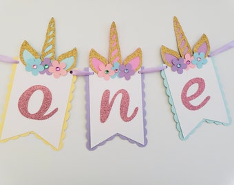 Unicorn high chair banner. Unicorn ONE sign. Unicorn Garland. 1st Birthday Party Decorations.