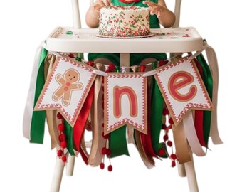 Gingerbread Boy First Birthday High Chair Banner, Christmas ONE Banner, Holiday Smash Cake Decor, Sweet One Birthday Party