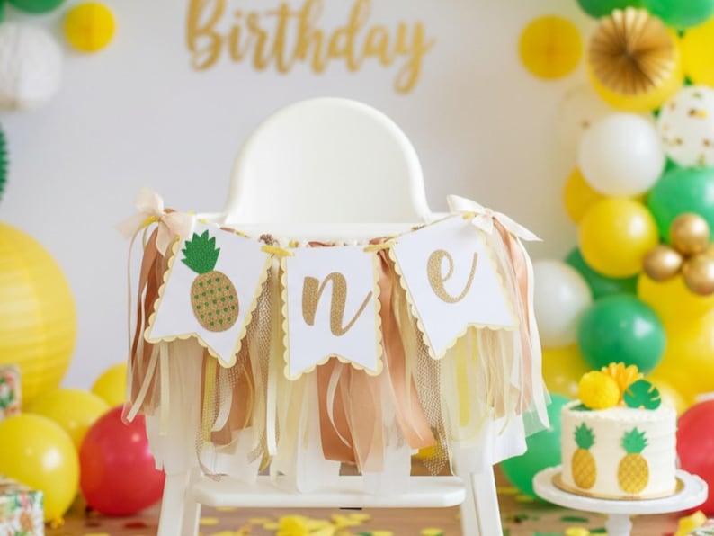 Pineapple High Chair Banner: Tropical First Birthday Decor Yellow/Gold/Ivory