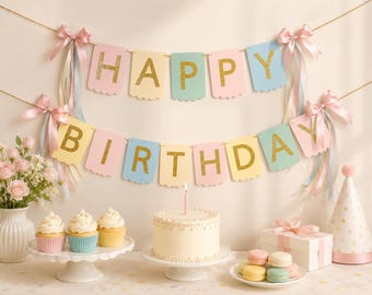 Pastel Happy Birthday Banner, Birthday Party Banner, Pink Blue Yellow Birthday Decor, Pastel Party Decorations, Cake Table Banner
