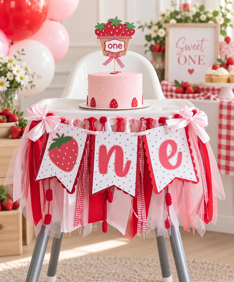 May include: A white high chair decorated with a strawberry-themed banner featuring the word "one" and red and pink tulle ribbons. A pink cake sits on the tray, topped with a strawberry sign that says "one" with a red and white gingham bow.