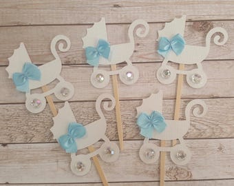 Stroller Cupcake Toppers. 12 count. Carriage Cupcake Toppers. Baby Shower Party Decorations. Custom colors.