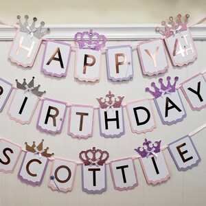 Tiara Birthday Banner. Tiara party theme. Happy Birthday Banner with crowns. Custom colors.