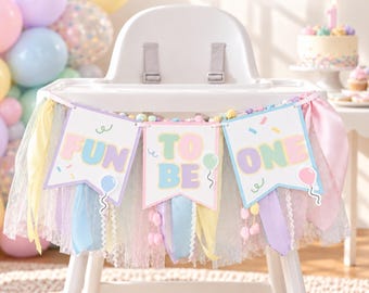 Fun to Be One High Chair Banner, Pastel First Birthday Ribbon Tulle Garland