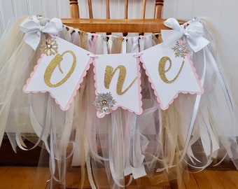 Winter Onederland High Chair Banner in White Gold Silver and Pink. ONE high chair banner. Glitter Snowflake Garland. Fully Assembled.