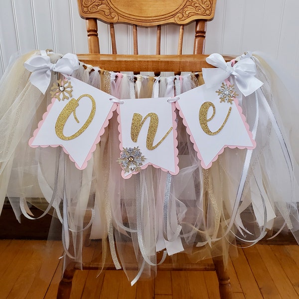 Winter Onederland High Chair Banner in White Gold Silver and Pink. ONE high chair banner. Glitter Snowflake Garland. Fully Assembled.