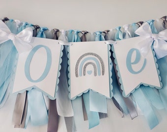 Rainbow Boy High Chair Banner. Blue Boy ONE banner.  BOHO Boy Rainbow Garland. 1st Birthday Decorations. Rainbow Decor. Tulle and Ribbon.