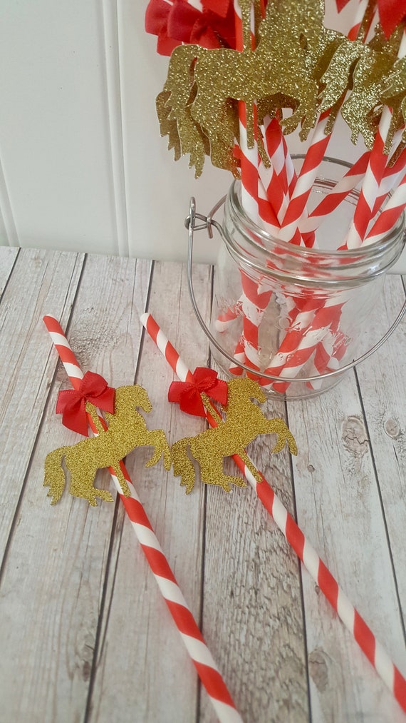 Red and white Carousel Horse Paper Straws Drinking Straws Party Decorations Tableware 10 pc Christmas carousel Carousel Cupcake Toppers
