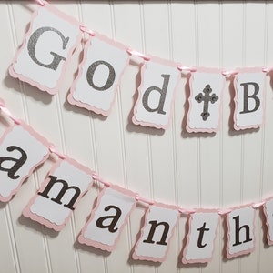 God bless banner, Pink and Gold, Pink and Silver, Girl Baptism banner, Girl Christening banner, baby girl communion, party decorations