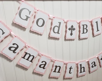 God bless banner, Pink and Gold, Pink and Silver, Girl Baptism banner, Girl Christening banner, baby girl communion, party decorations