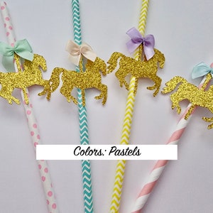 Carousel Horse Paper Straws. Set of 10. Pastel Party Decorations. Pastel Carousel Party Decorations.