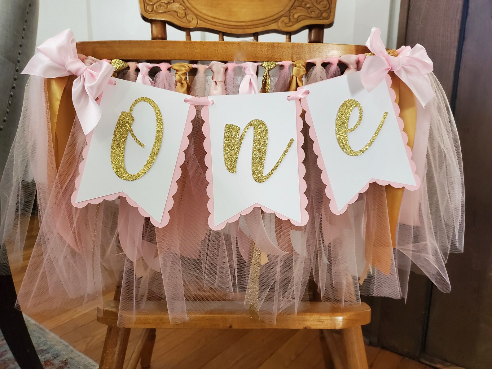 Pink and Gold High Chair Banner. ONE Banner. First Birthday Garland