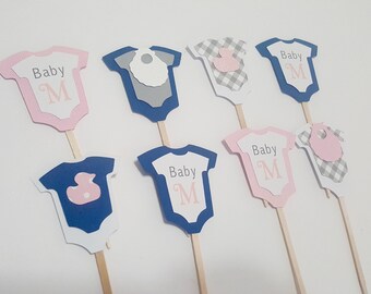 Customizable Mini One Piece Cupcake toppers rompers snap suit baby shower decorations decor boy girl personalized