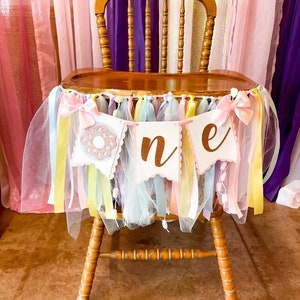 Donut High Chair Banner. Donut ONE banner. Donut First Birthday banner. Pastel Birthday Garland. Party decorations. Donut Grow Up. image 9