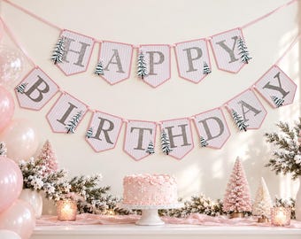 Winter Onederland Happy Birthday Banner, Pink Snowy Tree First Birthday Decor, 3 Piece Party Set Option