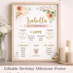 Editable First Birthday Milestone Sign Template | Floral 1st Birthday Poster | Girl Birthday Stats Board | 8.5x11 & 11x14 Printable