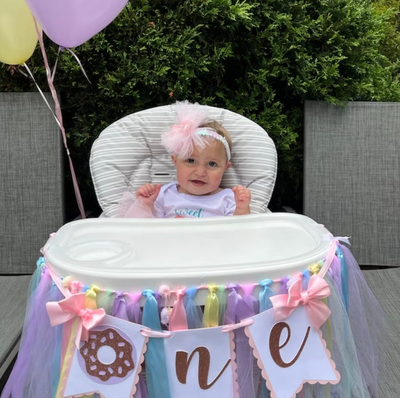 Donut High Chair Banner. Donut ONE banner. Donut First Birthday banner. Pastel Birthday Garland. Party decorations. Donut Grow Up. image 2