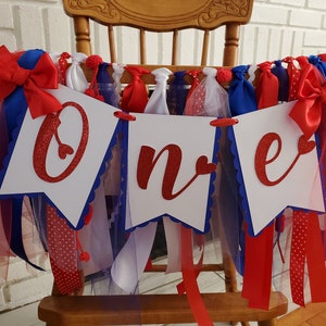 Red White and Blue High Chair Banner. ONE banner.  4th of July Birthday banner. First Birthday Garland. Party decorations. Tulle and Ribbon