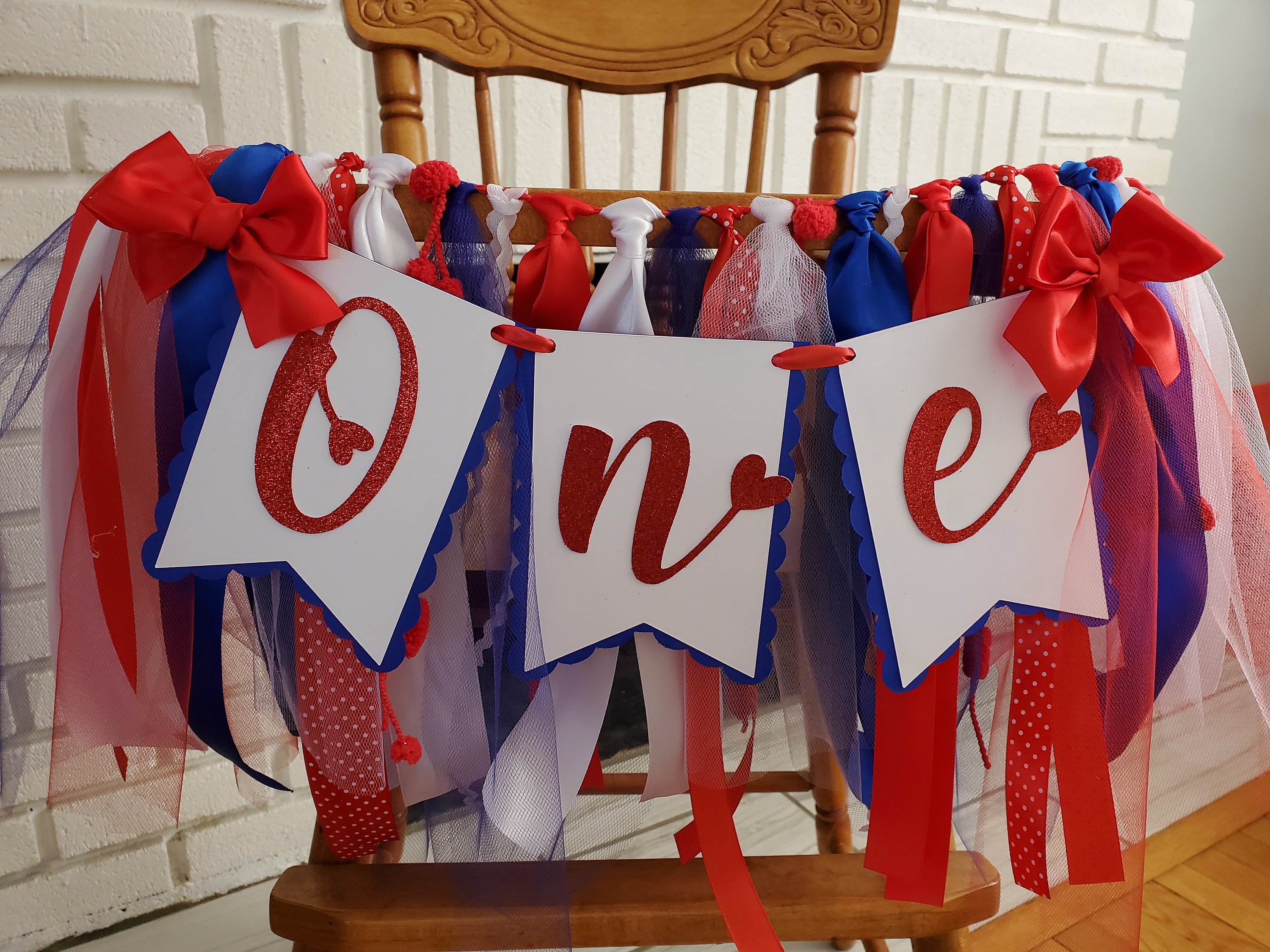 Red White and Blue High Chair Banner. ONE banner.  4th of July Birthday banner. First Birthday Garland. Party decorations. Tulle and Ribbon