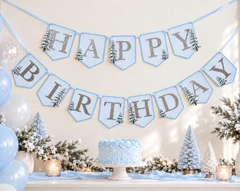 Snow Fun to Be One Banner, Blue Silver Winter First Birthday Party Decorations