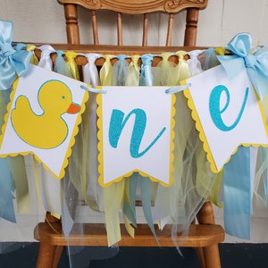 Rubber Duck High Chair Banner. ONE banner.  First Birthday Garland. Party decorations. Tulle and Ribbon. Baby Duck Photo Shoot.