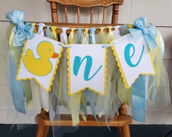 Rubber Duck High Chair Banner. ONE banner.  First Birthday Garland. Party decorations. Tulle and Ribbon. Baby Duck Photo Shoot.