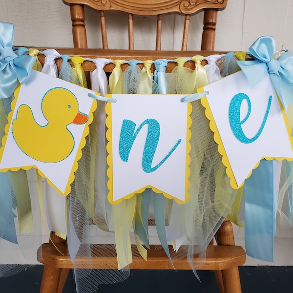 Rubber Duck High Chair Banner. ONE banner.  First Birthday Garland. Party decorations. Tulle and Ribbon. Baby Duck Photo Shoot.