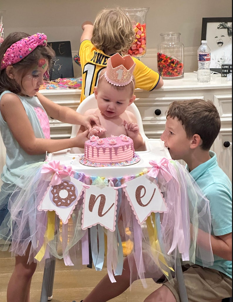 Donut High Chair Banner. Donut ONE banner. Donut First Birthday banner. Pastel Birthday Garland. Party decorations. Donut Grow Up. image 8