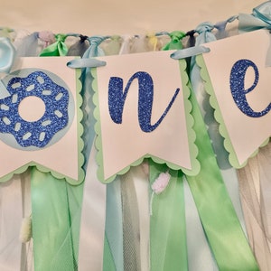 Donut High Chair Banner. Donut ONE banner. Donut First Birthday banner. Pastel Birthday Garland. Party decorations. Donut Grow Up. Blues/Greens for boy