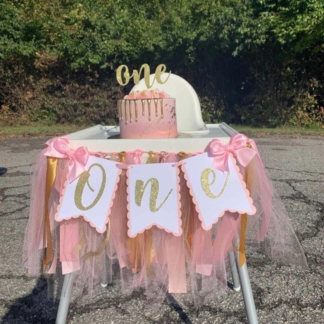 Banner For High Chair
 Pink and Gold High Chair Banner ONE Banner First Birthday Garland