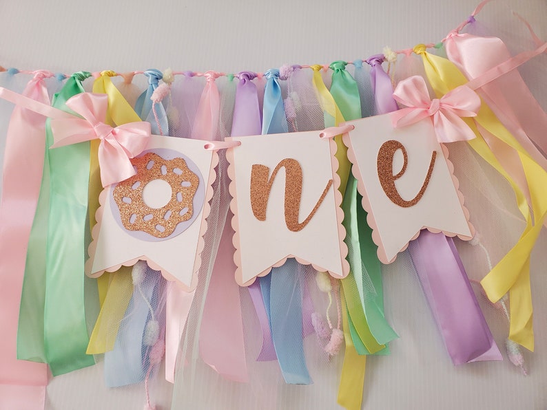 Donut High Chair Banner. Donut ONE banner. Donut First Birthday banner. Pastel Birthday Garland. Party decorations. Donut Grow Up. image 3