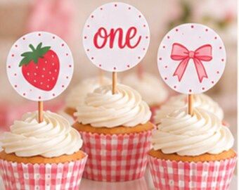 Strawberry Cupcake Toppers, Berry First Birthday Decor, Sweet One Party Decorations, Set of 12