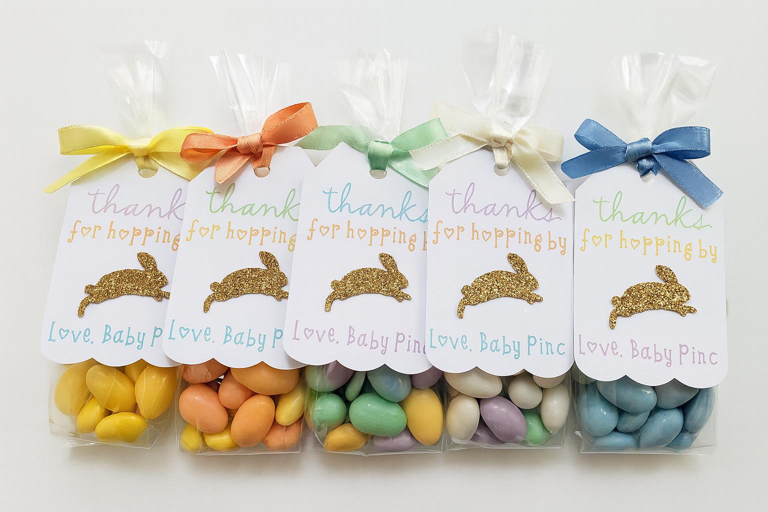 Pastel Bunny Favor Tags – Set of 12 | Custom Baby Shower, Birthday, Easter Party Tags | Cardstock & Glitter Bunny with Ribbon