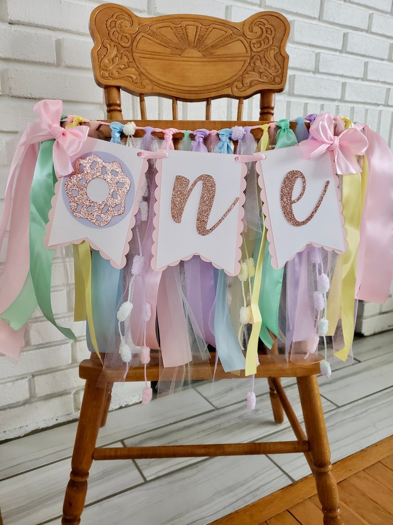 Donut High Chair Banner. Donut ONE banner. Donut First Birthday banner. Pastel Birthday Garland. Party decorations. Donut Grow Up. Pastels-listing pic