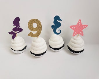Under the Sea Cupcake Toppers. Set of 12. Glitter. Mermaid Party Decorations.