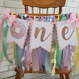 Donut High Chair Banner. Donut ONE banner. Donut First Birthday banner. Pastel Birthday Garland. Party decorations. Donut Grow Up. image 4