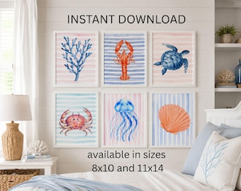 Coastal Kids Wall Art 6er Set | Strand Kinderzimmer Dekor | Tier Drucke Meer | Sofortdownload | Koralle Krabbe Schildkröte Qualle Hummer Muschel