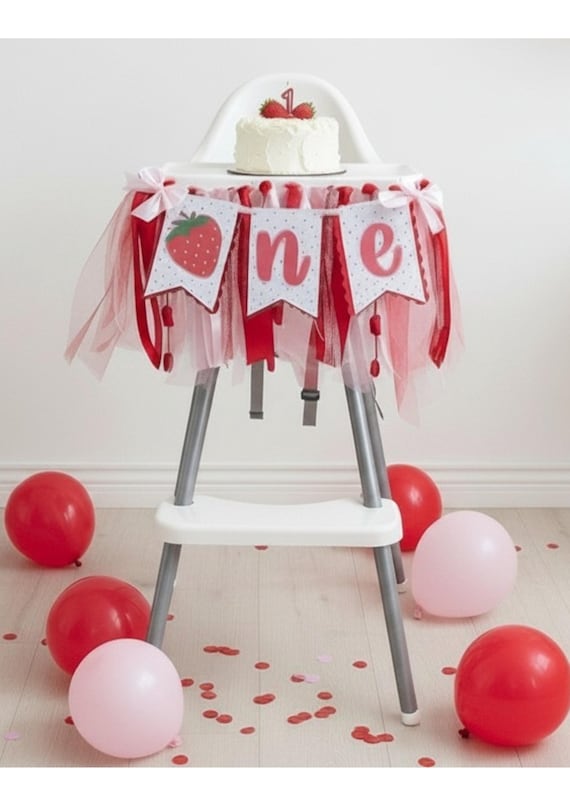 Berry First Birthday High Chair Banner: Strawberry Smash Cake Decor