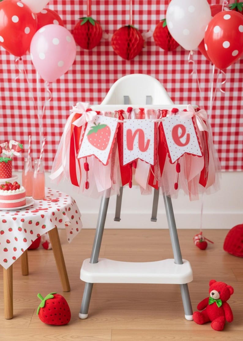 May include: A white high chair decorated with a strawberry-themed banner featuring the word one in red script. The banner is adorned with red and pink tulle ribbons and bows. The high chair is surrounded by red and pink balloons and strawberry decor.