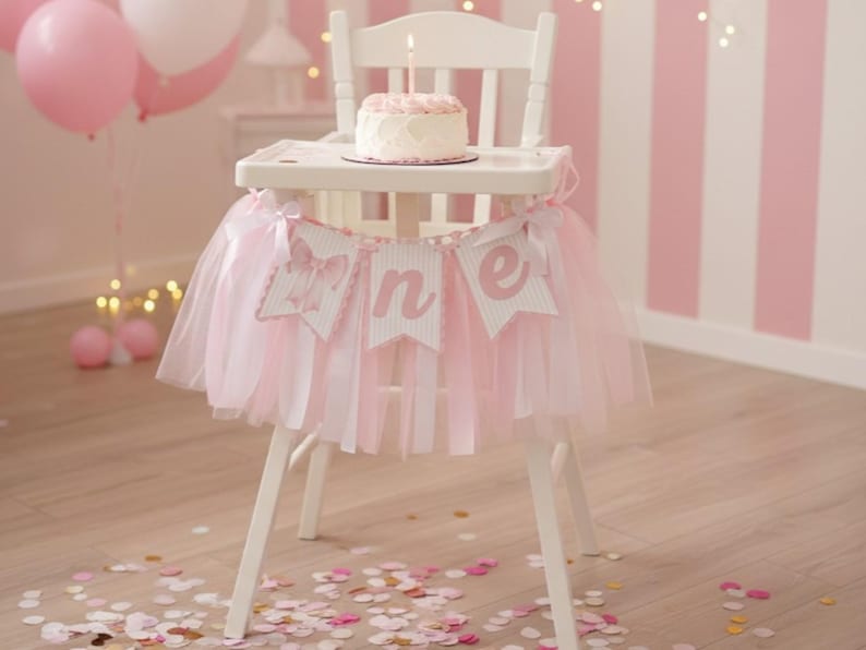 May include: A white high chair decorated for a first birthday. A small cake with a lit candle sits on the tray. A pink tulle skirt and a banner that says "one" adorn the chair. Pink balloons and confetti complete the festive scene.