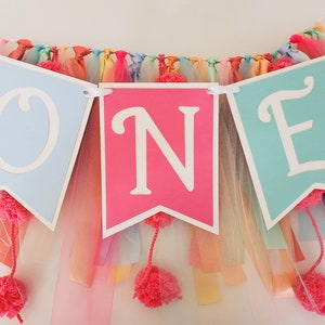 Bright Colors High Chair Banner. ONE banner.  Rainbow Color Garland. 1st Birthday Decorations. One Banner. 1st Birthday. Tulle and Ribbon.