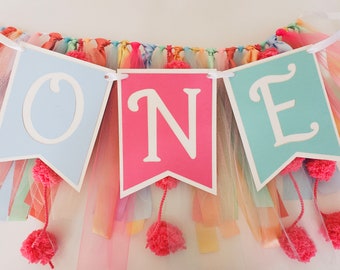 Bright Colors High Chair Banner. ONE banner.  Rainbow Color Garland. 1st Birthday Decorations. One Banner. 1st Birthday. Tulle and Ribbon.