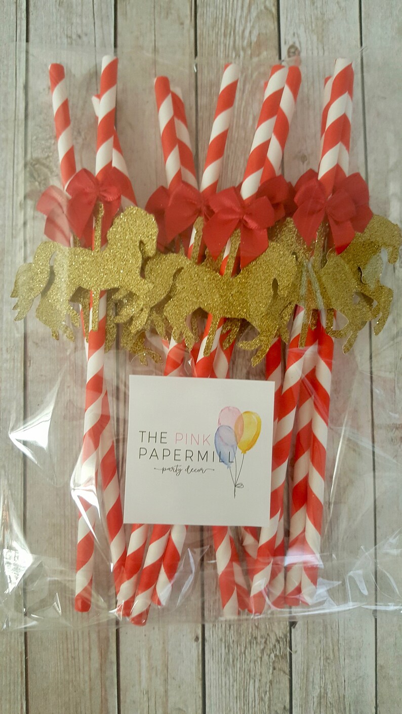 Red and white Carousel Horse Paper Straws Drinking Straws Party Decorations Tableware 10 pc Christmas carousel Carousel Cupcake Toppers