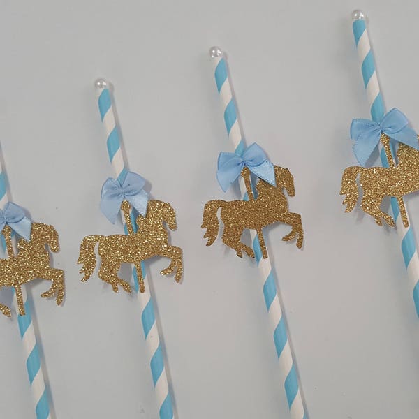 Blue Carousel Horse Paper Straws, Party Decorations, 10 count, Embellished Straws, Glitter, Drinking Straws, Tableware, dessert display