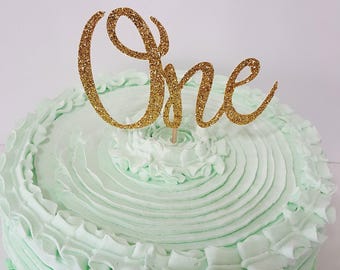 Gold Glitter ONE Cake Topper in script font Silver 1st first birthday party decoration cake smash photo prop glitter