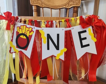 French Fries High Chair Banner. ONE banner.  French Fry Garland. Fries party decorations. French Fry Theme First Birthday. Fully Assembled.