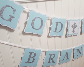 God Bless Banner, Light Blue and white party banner, Religious banner, communion banner, confirmation banner, baptism banner, sign, garland