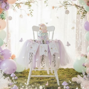 May include: A whimsical first birthday party setup with a white high chair decorated with a tulle skirt and banner that says "one". The scene includes a cake, balloons, and decorative butterflies in pastel colors, creating a dreamy atmosphere.